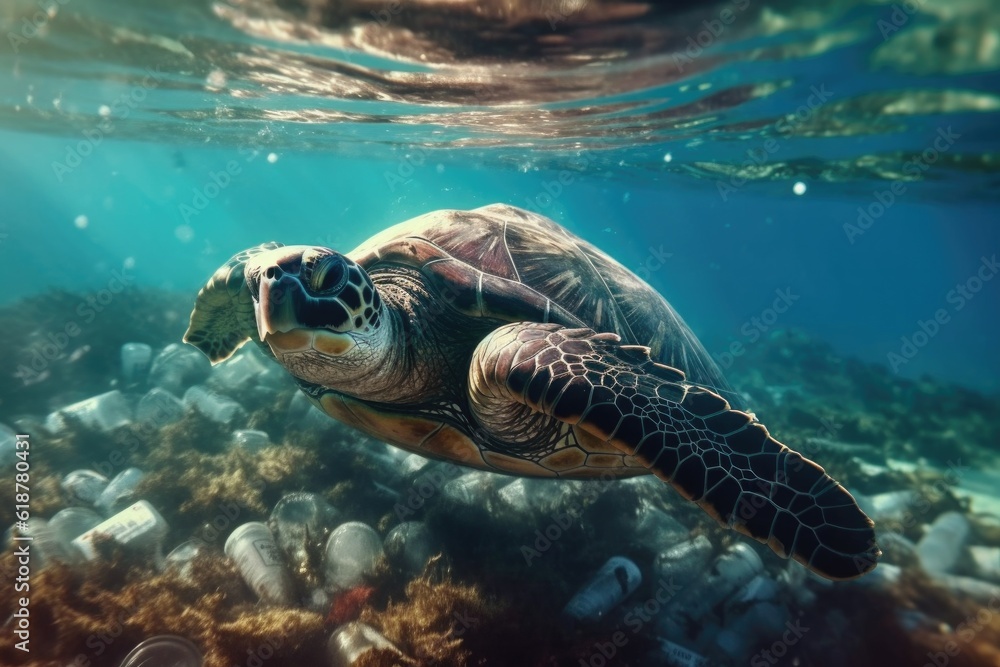 Obraz premium Turtle in polluted water