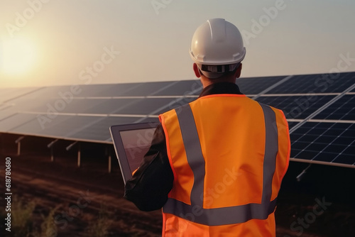 Worker with solar panels © Goffkein