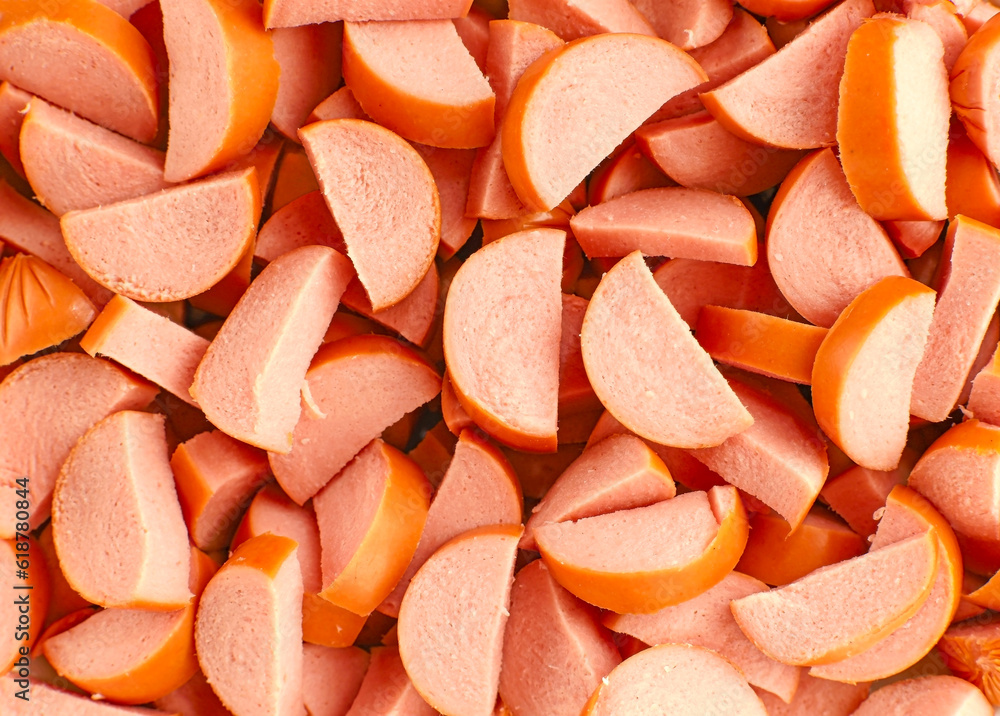 Sliced frankfurter sausages, close-up