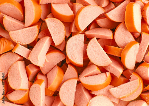 Принти на полотні Sliced frankfurter sausages, close-up