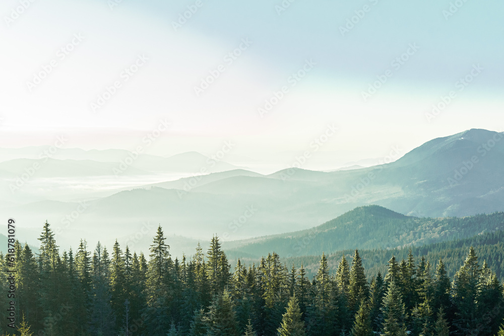landscape in the mountains silhouettes of mountains, forest, travel, in green tones, travel, Carpathian mountains, hiking in the mountains, poster, wallpaper