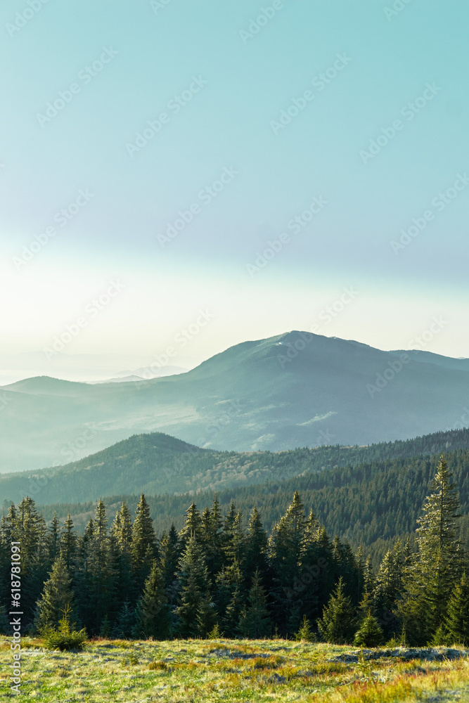 Obraz premium landscape in the mountains silhouettes of mountains, forest, travel, in green tones, travel, Carpathian mountains, hiking in the mountains, poster, wallpaper
