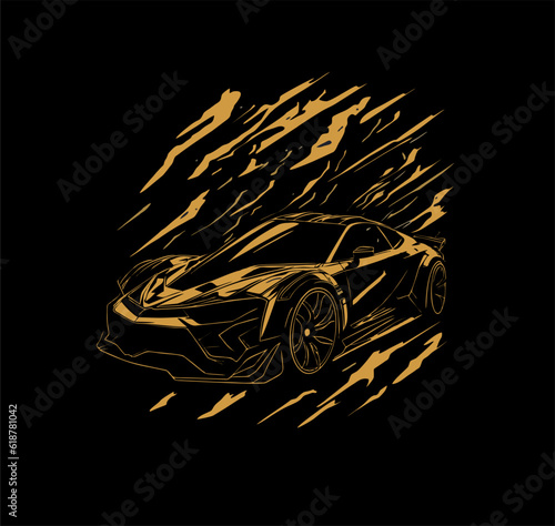 hand drawn illustration design, sports car, in yellow color stripes style