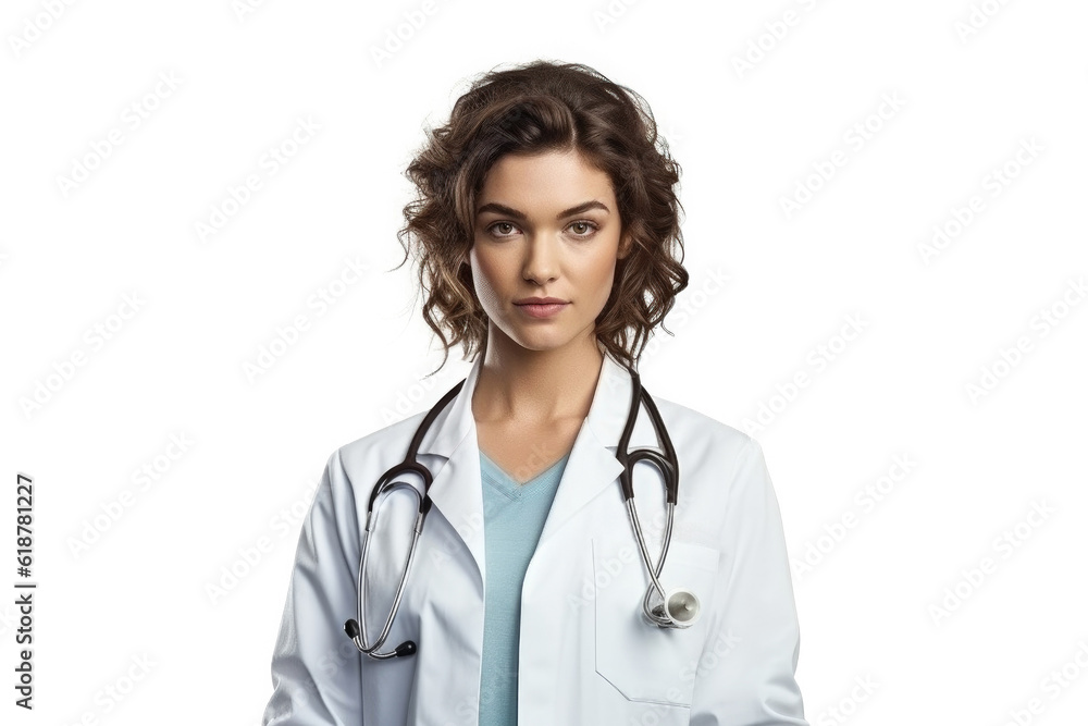 Isolated portrait of a woman doctor with stethoscope on a white background Isolated portrait of a woman doctor with stethoscope on a white background