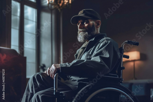 Serious sad adult war veteran man in wheelchair