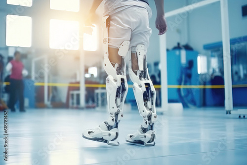 Person in with bionic legs prosthesis in hospital