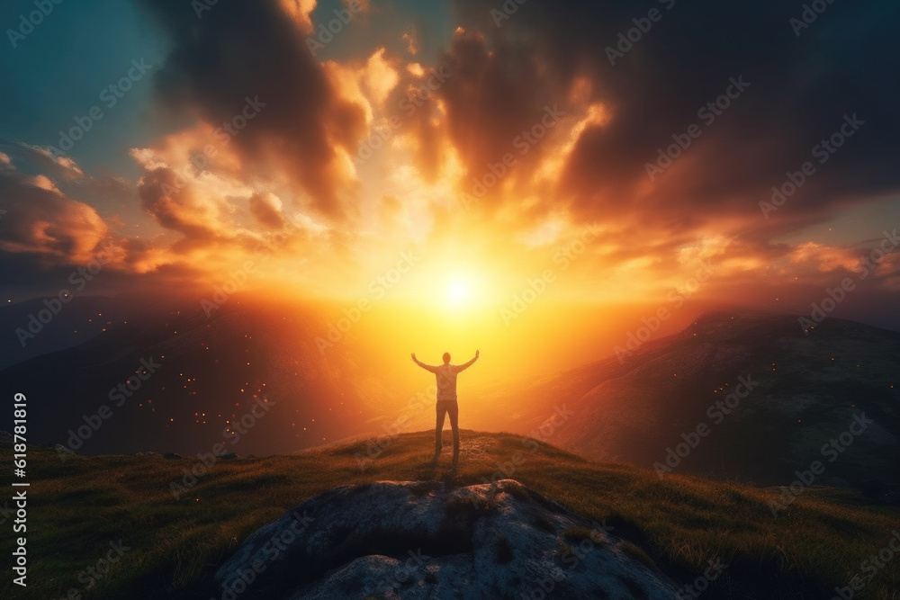 Inspired man with open arms stands on top of a mountain at beautiful sunset sky background Inspired man with open arms stands on top of a mountain at beautiful sunset sky background
