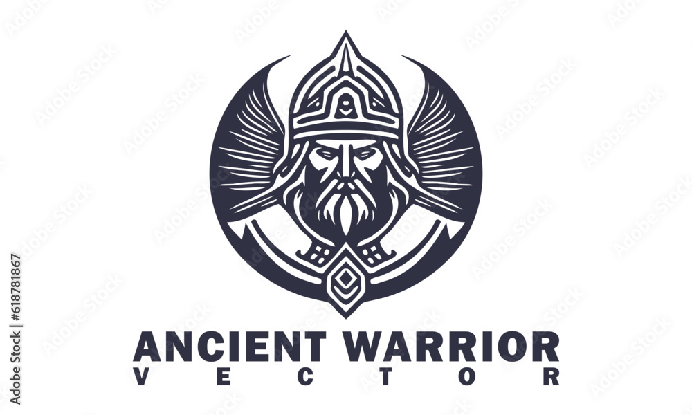Vector black and white emblem or logo on a white isolated background. An ancient warrior in a helmet, with stylistic wings and a beard. Sticker or icon. Vector black and white emblem or logo on a white isolated background. An ancient warrior in a helmet, with stylistic wings and a beard. Sticker or icon.