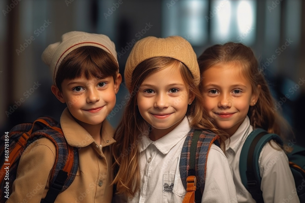 Group of different happy cheerful joyful children with backpacks
