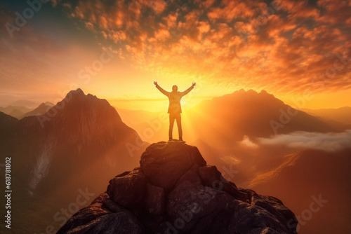 Inspired man with open arms stands on top of a mountain at beautiful sunset sky background