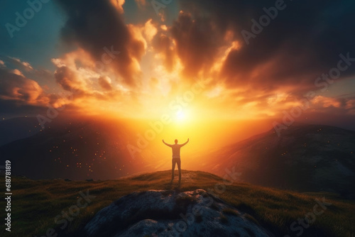 Inspired man with open arms stands on top of a mountain at beautiful sunset sky background © Goffkein