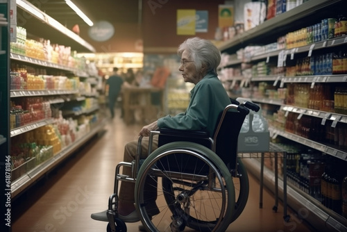 Elderly disabled woman in a wheelchair lives a daily life and shopping grocery in supermarket © Goffkein