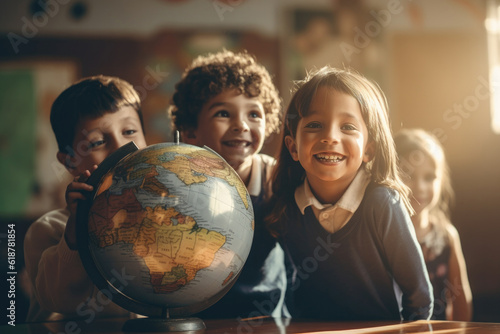 Group of different satisfied happy kids in geography lesson with globe