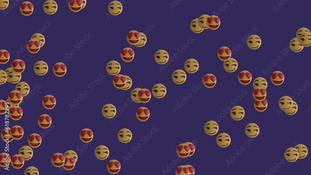 Animation of heart and winking emoji icons on purple background Animation of heart and winking emoji icons on purple background