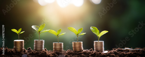 Idea of renewable energy and energy saving. Energy saving light bulb and tree growing on stacks of coins on nature background. Saving, accounting and financial concept