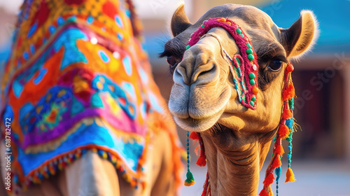 Portrait of camel wearing multicolored bead necklace. camel dressed in traditional  festive  flower-decorated ammunition.