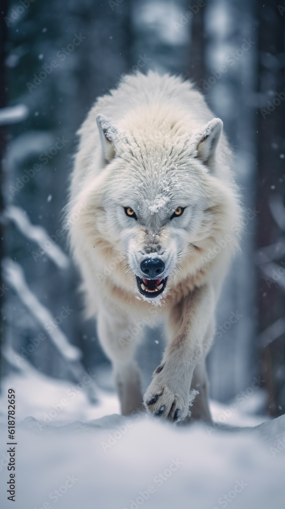 Fierce Encounter: Angry Wolf Walking Towards the Camera. Generative AI Fierce Encounter: Angry Wolf Walking Towards the Camera. Generative AI
