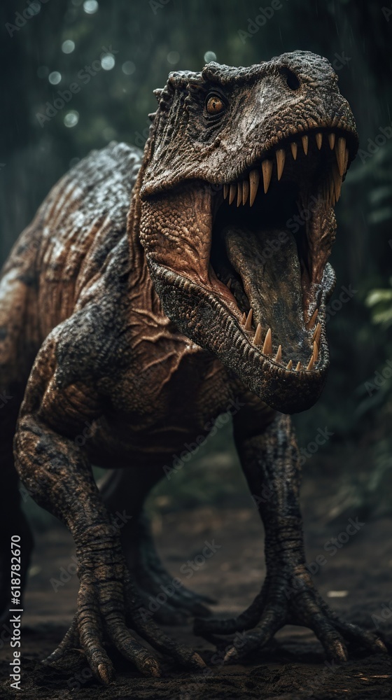 Roaring Fury: Angry Fierce T-Rex Dinosaur with Mouth Open. Generative AI Roaring Fury: Angry Fierce T-Rex Dinosaur with Mouth Open. Generative AI
