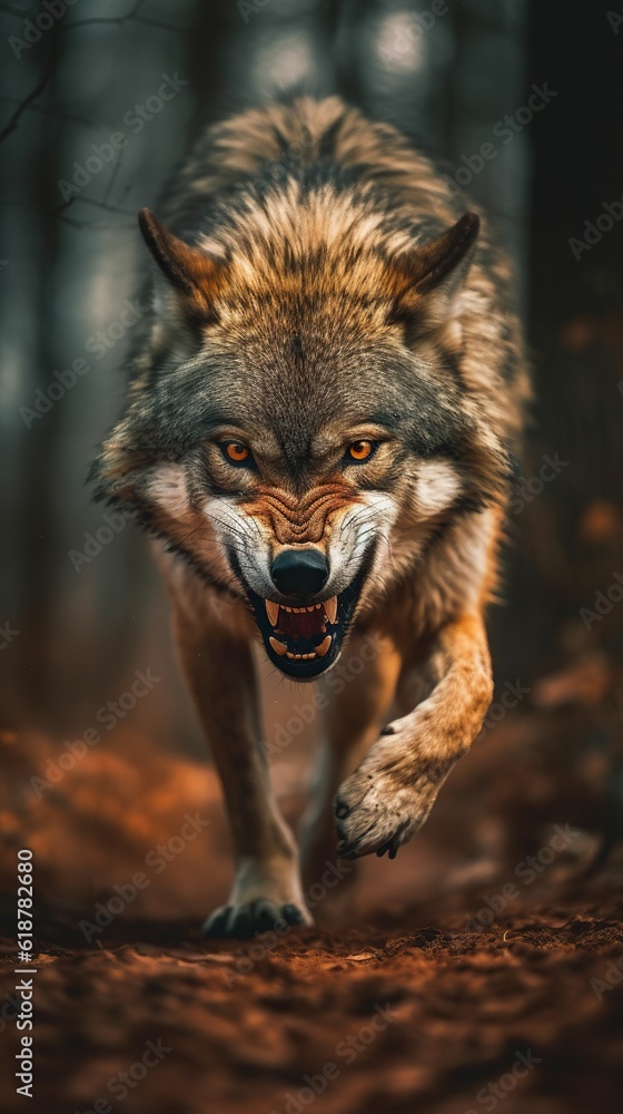 Fierce Encounter: Angry Wolf Walking Towards the Camera. Generative AI Fierce Encounter: Angry Wolf Walking Towards the Camera. Generative AI