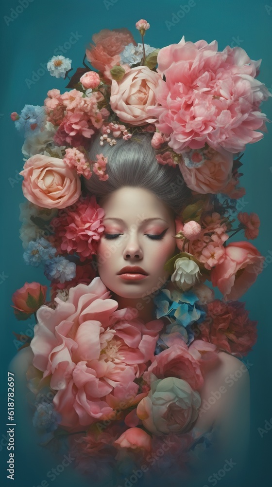 Floral Goddess: Beautiful Model with Flowers and Floral Decoration. No real person. Generative AI