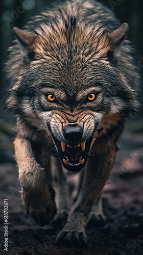 Fierce Encounter: Angry Wolf Walking Towards the Camera. Generative AI