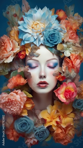 Floral Goddess: Beautiful Model with Flowers and Floral Decoration. No real person. Generative AI