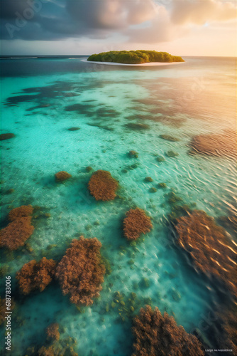 Crystal-clear turquoise waters of the Maldives island under the soft light of the setting sun.