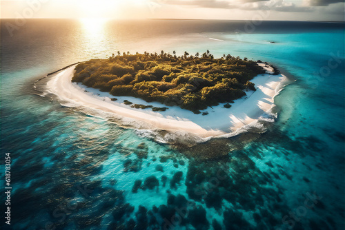 Crystal-clear turquoise waters of the Maldives island under the soft light of the setting sun.