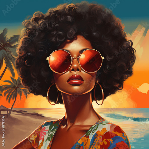 Afro woman in sunglasses on the beach. Generative AI.