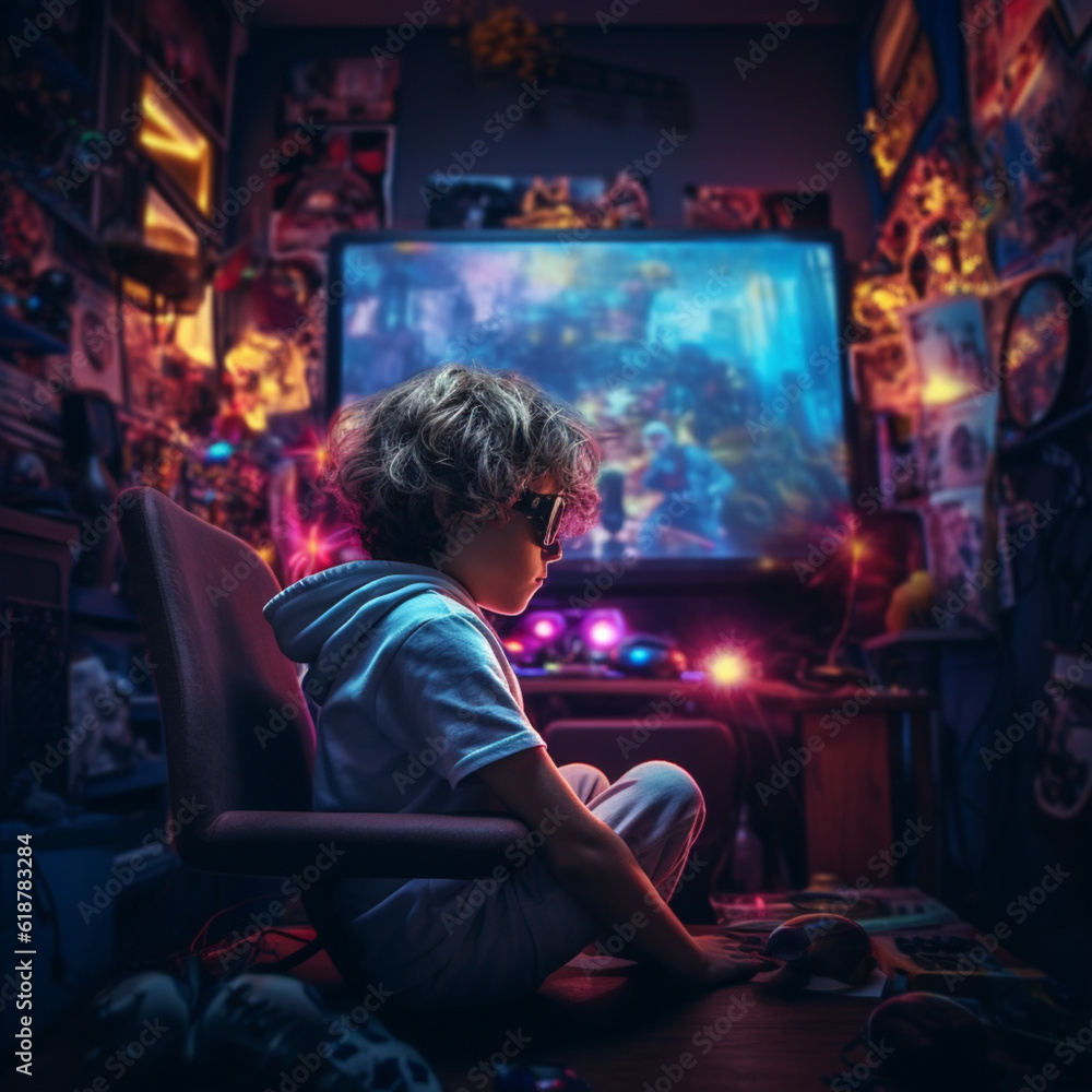 Back view of a boy playing video games in his gamer room. Generative AI. Back view of a boy playing video games in his gamer room. Generative AI.