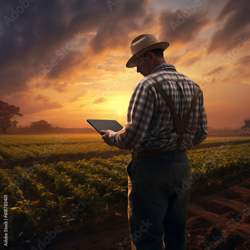 Farmer using a tablet. Modern agriculture. Generative AI.