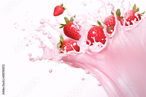 milk or yogurt splash with strawberries isolated on white background, 3d rendering