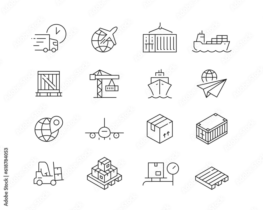 Global Logistics and Shipping Icon collection containing 16 editable stroke icons. Perfect for logos, stats and infographics. Edit the thickness of the line in any vector capable app. Global Logistics and Shipping Icon collection containing 16 editable stroke icons. Perfect for logos, stats and infographics. Edit the thickness of the line in any vector capable app.