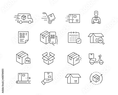 Logistics, Deliveries and Shipping Icon collection containing 16 editable stroke icons. Perfect for logos, stats and infographics. Edit the thickness of the line in any vector capable app.