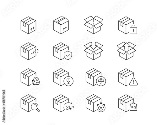 Boxes and Packaging Logistics Icon collection containing 16 editable stroke icons. Perfect for logos, stats and infographics. Edit the thickness of the line in any vector capable app.