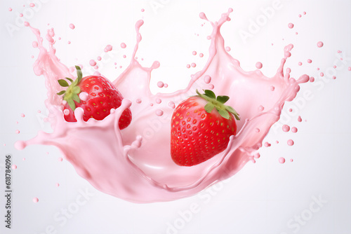 milk or yogurt splash with strawberries isolated on white background, 3d rendering