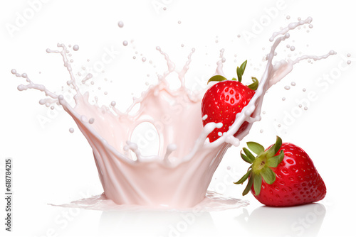milk or yogurt splash with strawberries isolated on white background  3d rendering