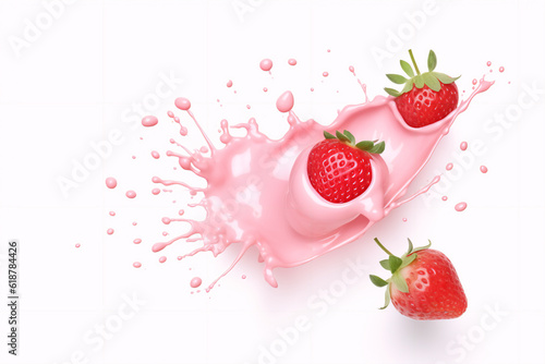 milk or yogurt splash with strawberries isolated on white background  3d rendering