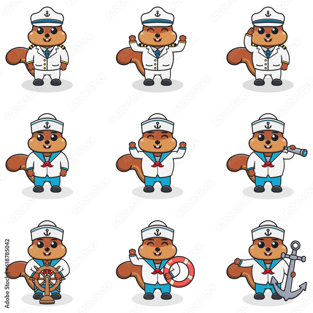 Funny Squirrel sailors set. Cute Squirrel characters in captain cap cartoon vector illustration. Funny Squirrel sailors set. Cute Squirrel characters in captain cap cartoon vector illustration.