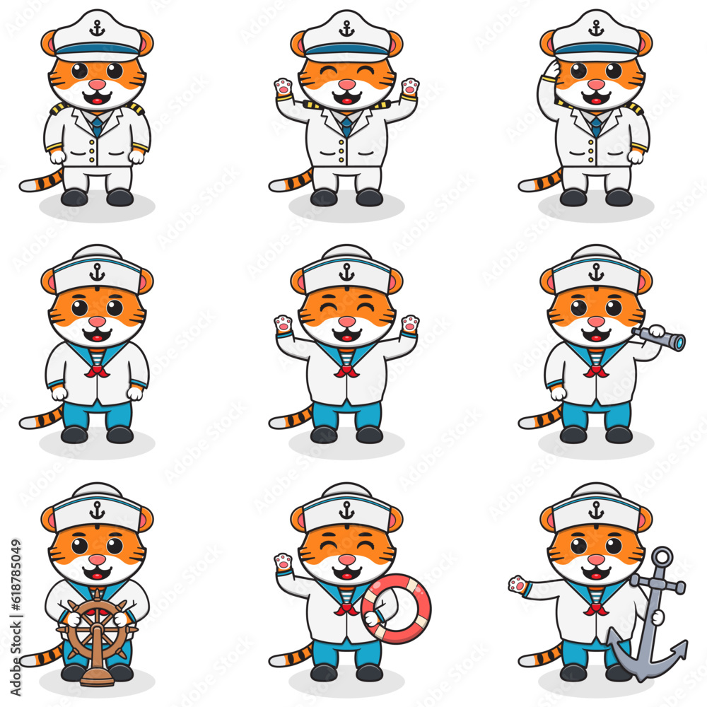 Funny Tiger sailors set. Cute Tiger characters in captain cap cartoon vector illustration. Funny Tiger sailors set. Cute Tiger characters in captain cap cartoon vector illustration.