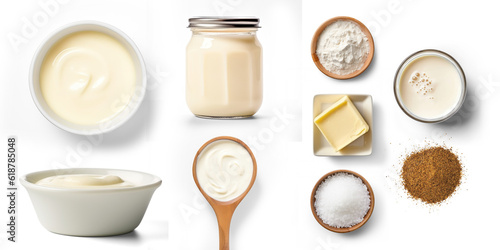 Bechamel Sauce (White Sauce): Butter, flour, milk, and a pinch of nutmeg. Transparent