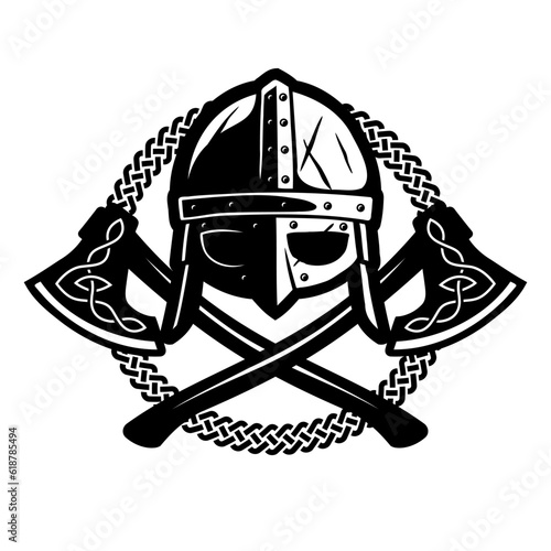 Viking helmet and two axes. Vector illustration.