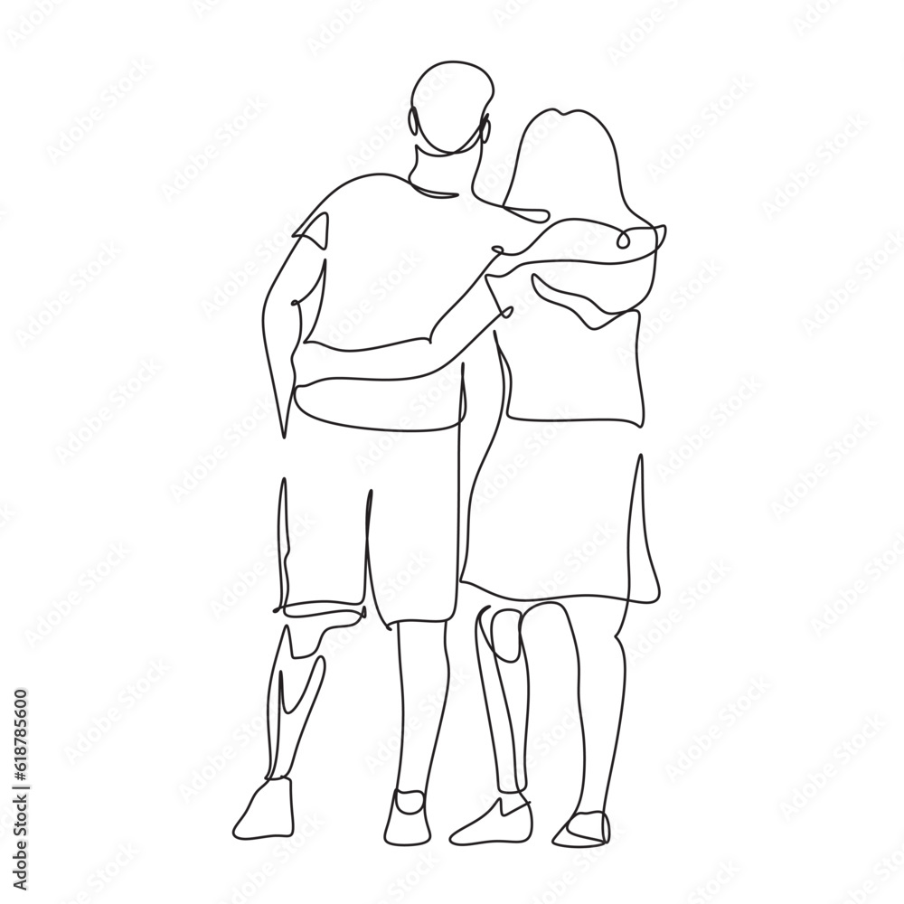 Continuous one line man and woman hold hands, a man and woman has a prosthetic leg. Disabled people. Vector stock illustration. Continuous one line man and woman hold hands, a man and woman has a prosthetic leg. Disabled people. Vector stock illustration.