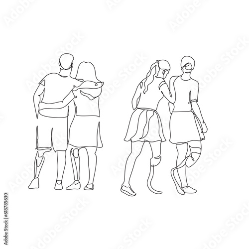 Continuous one-line drawing of a disabled person on prostheses. Single line art graphic design vector. The friendship between disabled and healthy persons. 