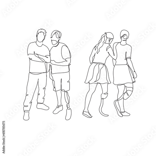 Continuous one-line drawing of a disabled person on prostheses. Single line art graphic design vector. The friendship between disabled and healthy persons. 