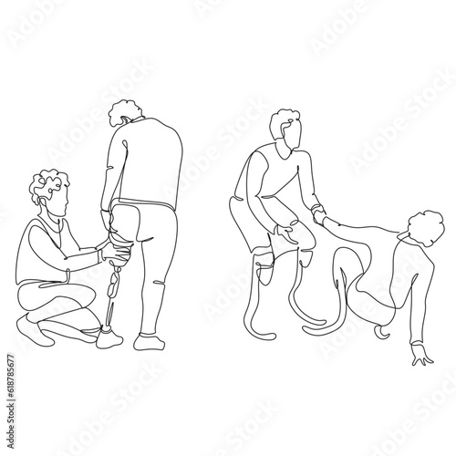 Single continuous line drawing disabled man on prostheses. One line draw graphic design vector