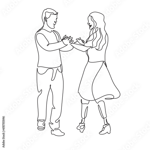 Continuous one line man and woman hold hands and dancing, a woman has a prosthetic leg. Disabled people. Vector stock illustration.