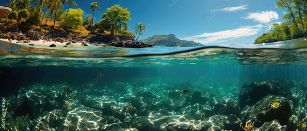 Turquoise Waters and Transparent Reef Snorkeling in the Exotic Island of Kioa in two world  view with dome underwater photography created with Generative AI Technology