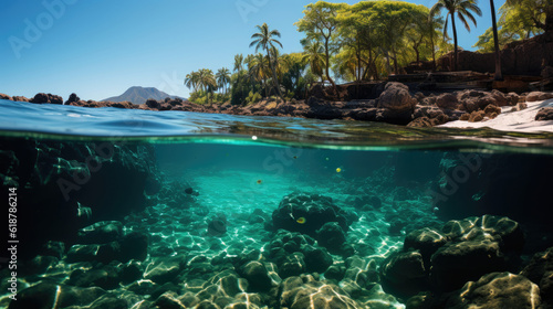 Turquoise Waters and Transparent Reef Snorkeling in the Exotic Island of Kioa in two world view with dome underwater photography created with Generative AI Technology
