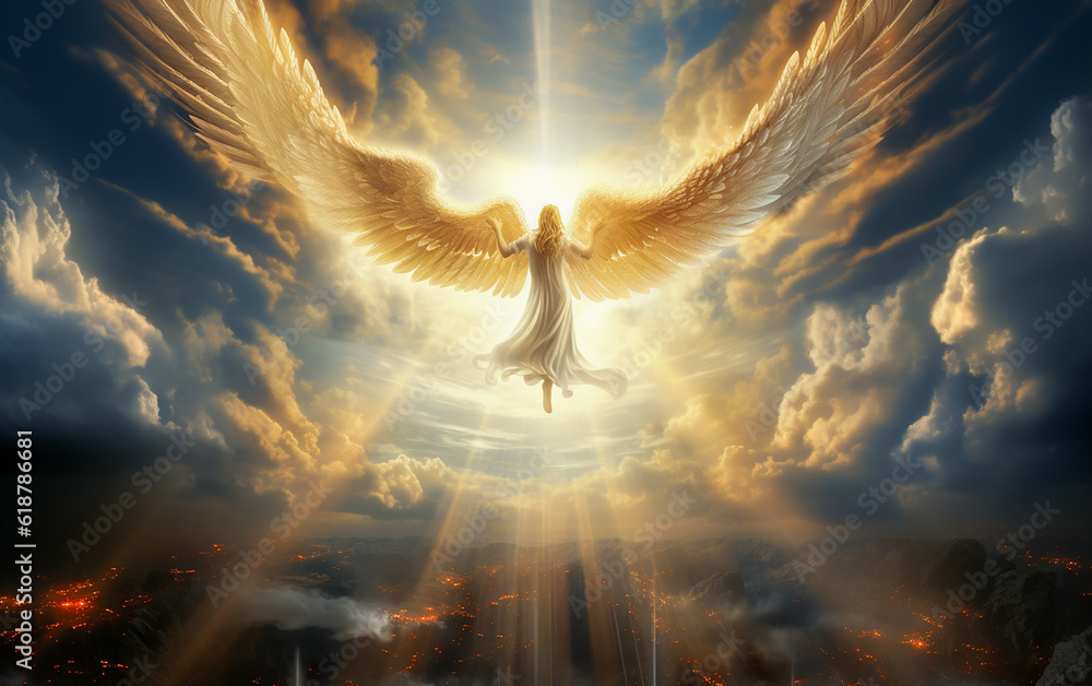 angel, Ascending angel from the heavens, Archangel, sacred origin, dazzling luminosity, divine 